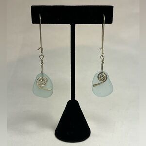 EUC: handmade long dangling earrings with aquamarine beach glass